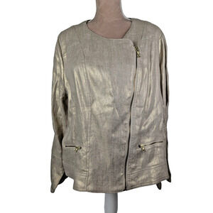 Chicos Blazer Women XL 16 Gold Foil Shimmer Moto Jacket 100% Linen Pockets New